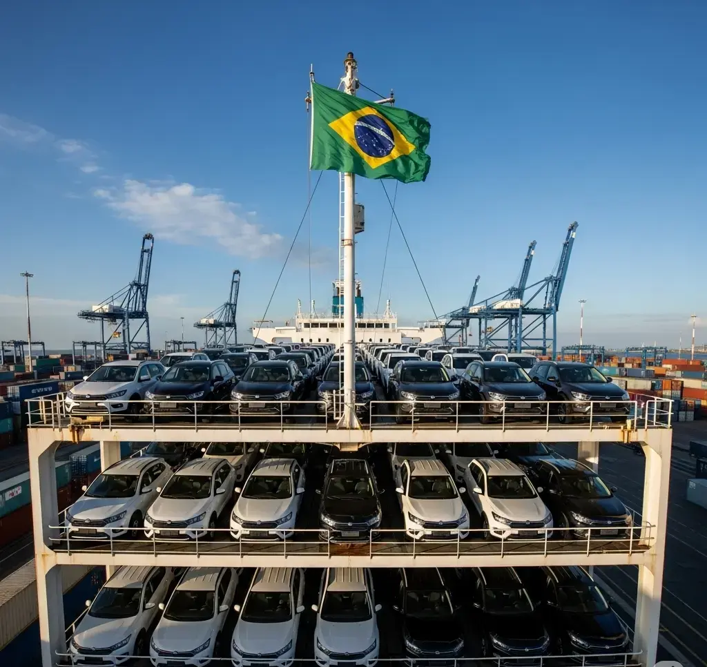 Navio transportando carros brasileiros para exportação em 2025