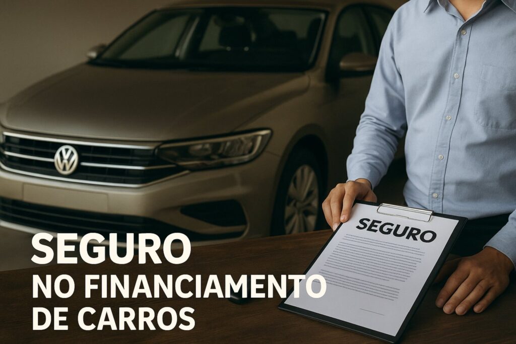 Uma fotografia digital mostra uma cena conceitual de financiamento automotivo, com uma miniatura de carro, documentos de seguro e uma caneta sobre uma mesa de madeira. O papel principal exibe a frase “Seguro para Carro Financiado” em português, com fonte moderna e cor chamativa em harmonia com a identidade visual do site Golzinho.com.