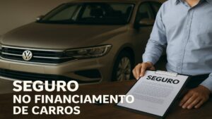 Uma fotografia digital mostra uma cena conceitual de financiamento automotivo, com uma miniatura de carro, documentos de seguro e uma caneta sobre uma mesa de madeira. O papel principal exibe a frase “Seguro para Carro Financiado” em português, com fonte moderna e cor chamativa em harmonia com a identidade visual do site Golzinho.com.