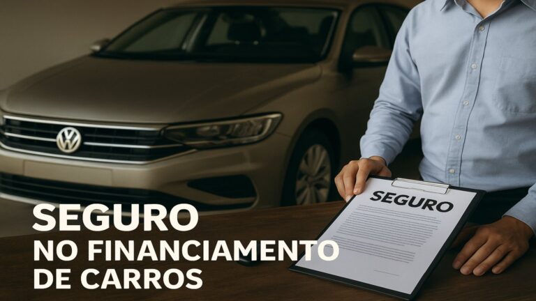Uma fotografia digital mostra uma cena conceitual de financiamento automotivo, com uma miniatura de carro, documentos de seguro e uma caneta sobre uma mesa de madeira. O papel principal exibe a frase “Seguro para Carro Financiado” em português, com fonte moderna e cor chamativa em harmonia com a identidade visual do site Golzinho.com.