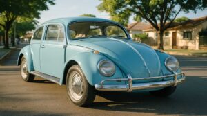 fusca azul parado na rua num dia ensolarado