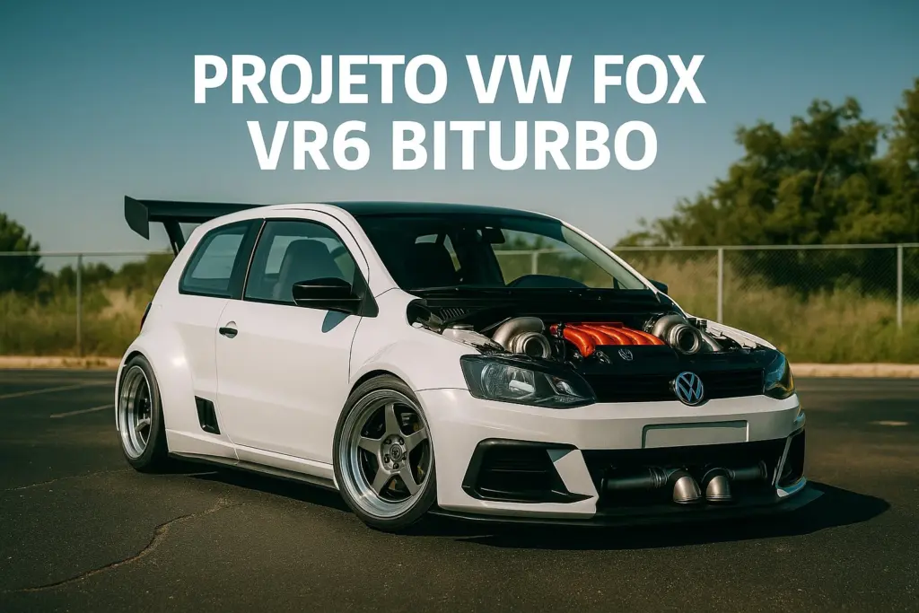 Volkswagen Fox VR6 Biturbo com body kit esportivo e motor exposto, em projeto tuning nacional da série Projetos Neversos.