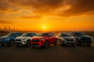 Vários SUVs modernos em destaque, lado a lado, representando diferentes estilos e tecnologias.