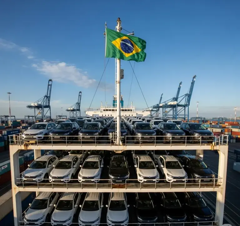 Navio transportando carros brasileiros para exportação em 2025