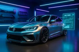 Carro esportivo tunado com body kit widebody futurista, rodas de liga leve, pintura metálica e suspensão baixa, em uma garagem tecnológica iluminada por LEDs azuis e roxos, destacando chip tuning avançado e peças automotivas em impressão 3D.