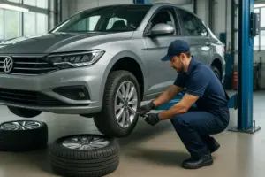 mecanico trocando os pneus de um carro