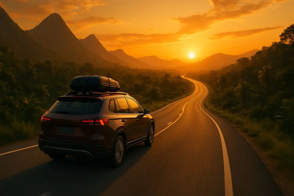 Carro moderno em estrada sinuosa brasileira ao pôr do sol, cercado por montanhas e vegetação tropical. Cena cinematográfica que transmite liberdade, aventura e o espírito das road trips pelo Brasil.